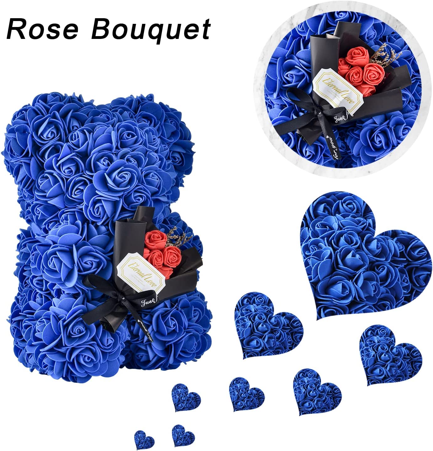 Valentines Day Gifts for Her, Rose Teddy Bear Flower w/ Box I Love You Necklace 100 Languages (Royal Blue)