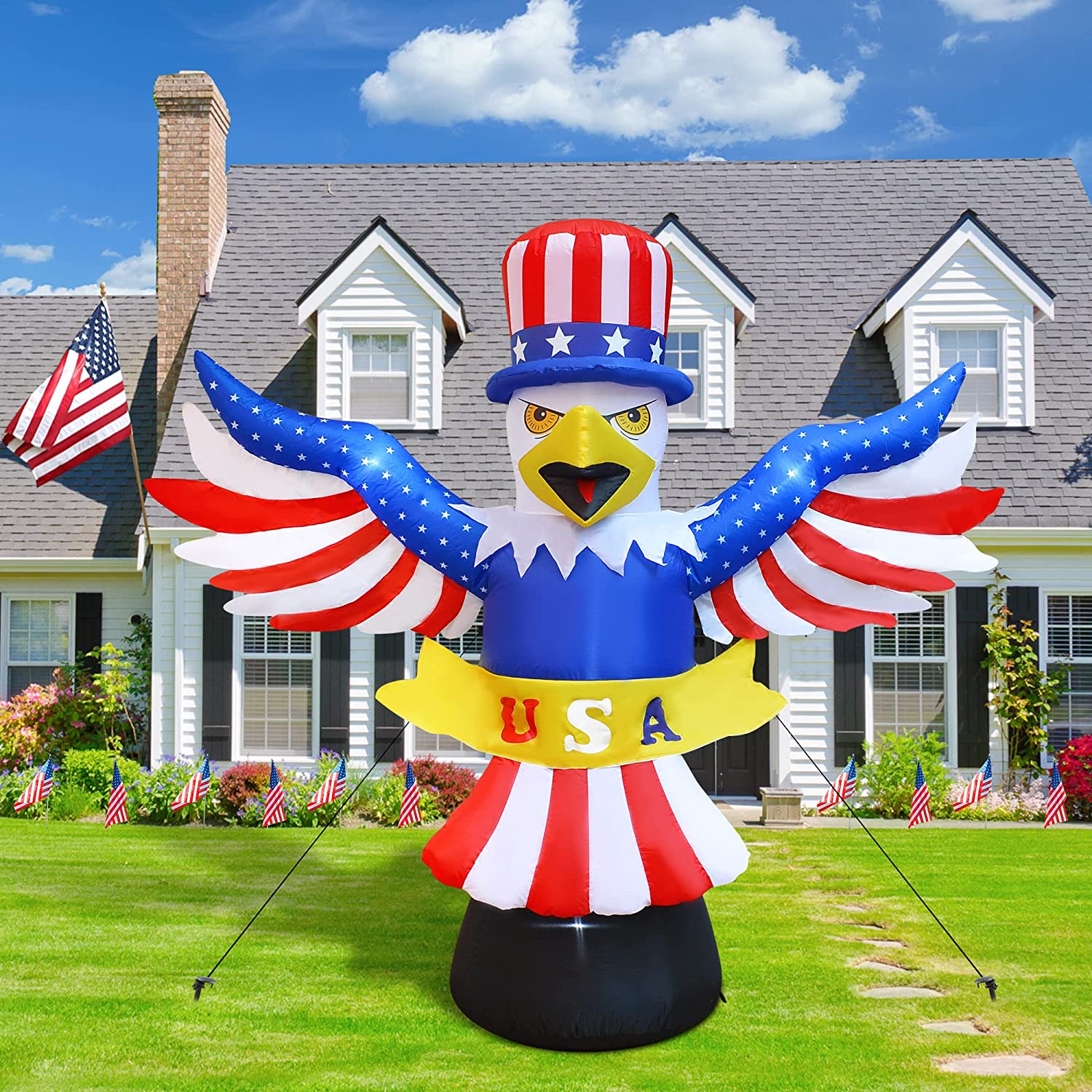 6FT Independence Day Inflatable 4th of July Inflatables Blow up Patriotic Flying Bald Eagle Decoration w/ LEDS