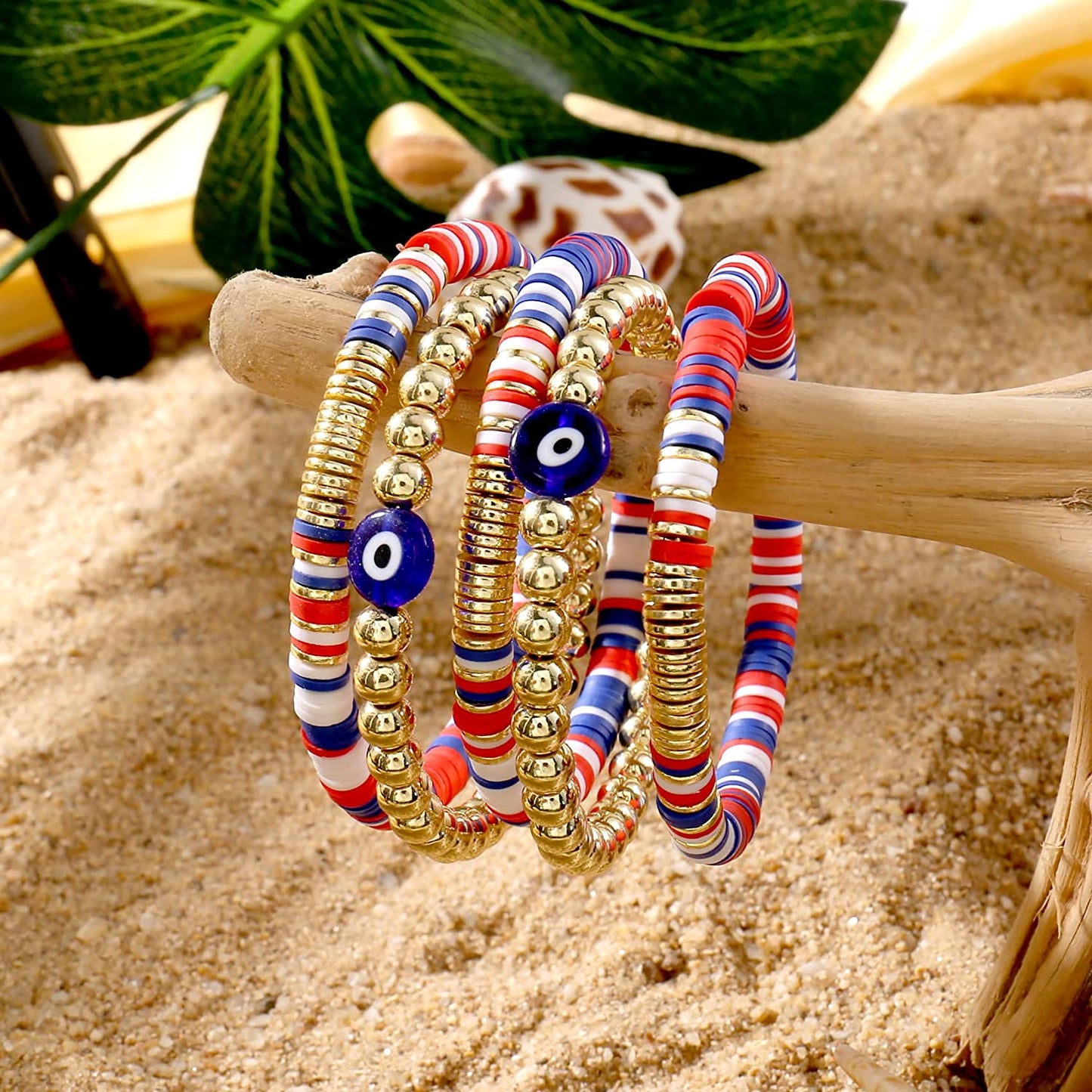 Colorful Beaded Stretch Bracelets Set for Women Smile Blue Evil Eye Polymer Summer Beach Jewelry