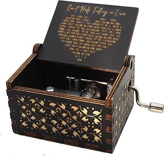Can't Help Falling in Love Wood Music Box, Antique Engraved Musical Boxes Case for Love One Wooden Music Box - Gifts for Lover, Boyfriend, Girlfriend, Husband, Wife (BLACK)