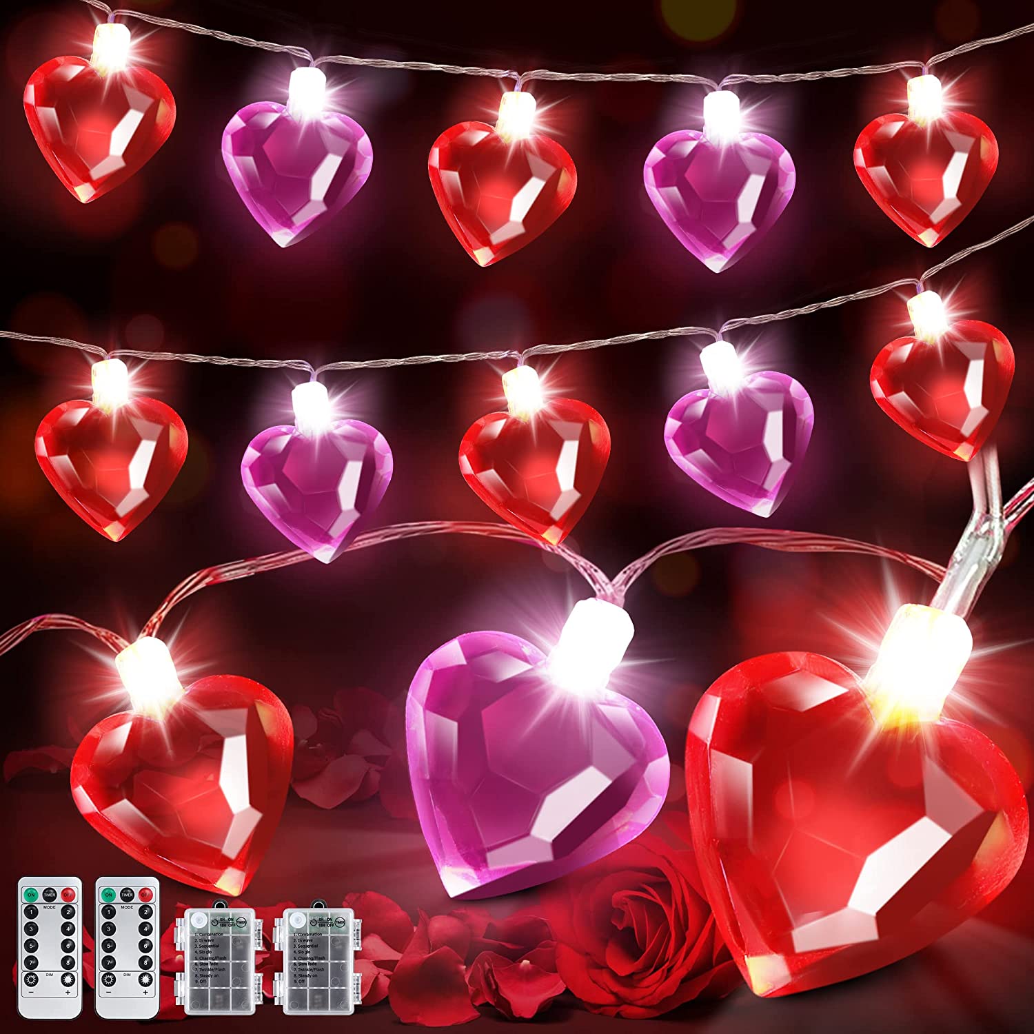 2 Pack Valentines Day Heart String Lights, 60 LED Diamond Cut with Timer, 8 Modes (Red, Pink)