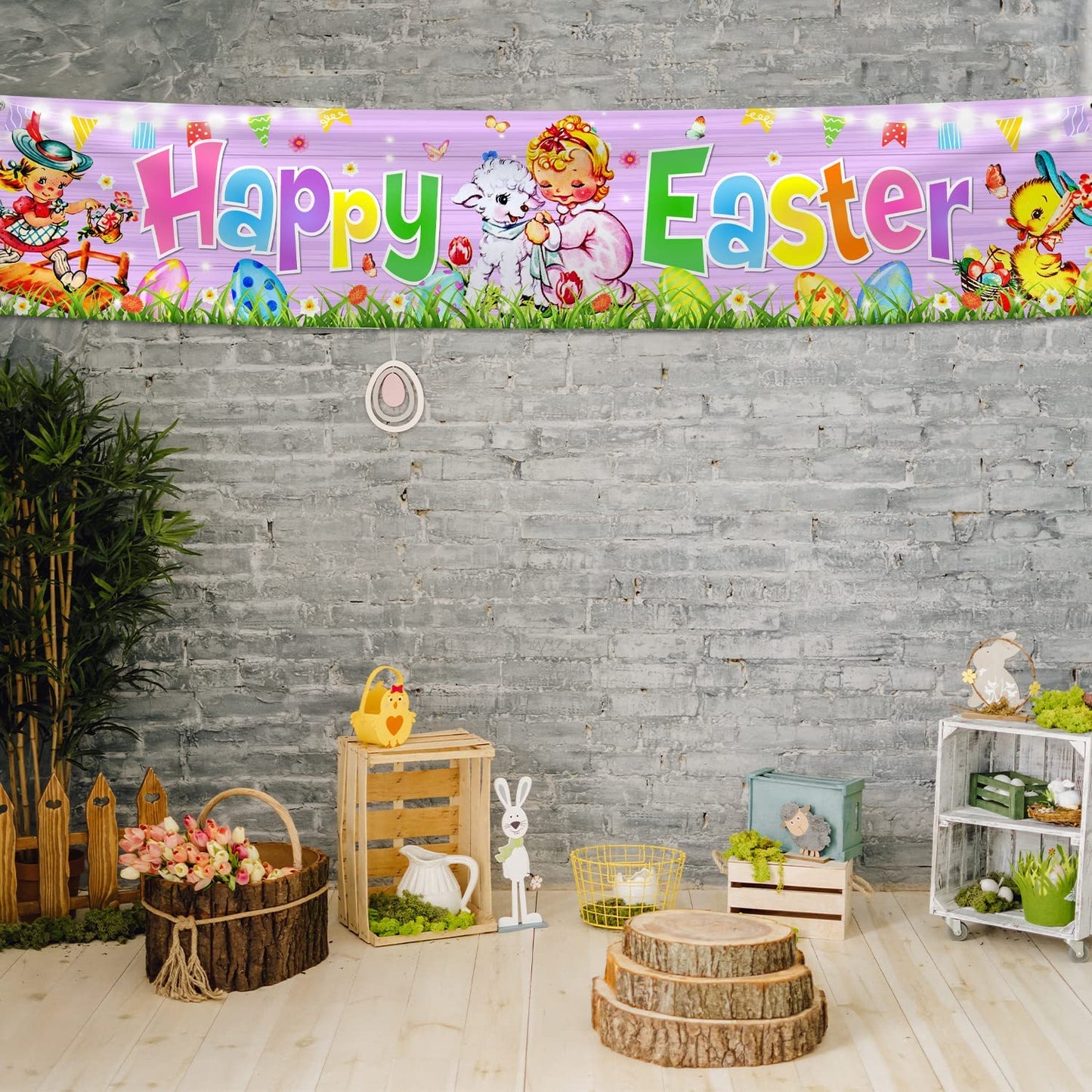 Traditional Easter Day Banner Easter Hang Porch Yard Sign for Wall Spring Theme Party Indoor Outdoor (Pink)