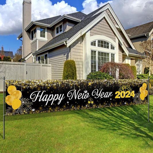 Happy New Year Banner 2024 New Year Decorations - Black and Gold Happy New Year Yard Sign Backdrop Hanging Decorations for Indoor Outdoor New Years Eve Party Supplies 2024(9.8x2ft)