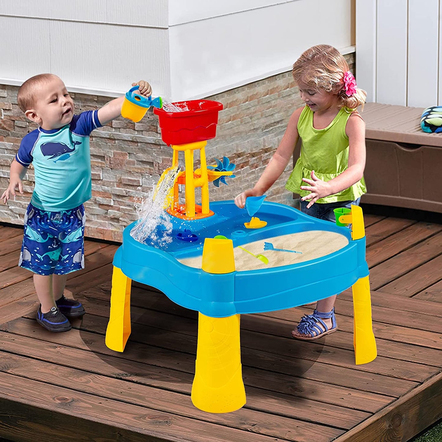 Kids Sand & Water Table, 2 in 1 Splash Water Table for Toddlers, Summer Beach Activity Play Table for Children Standing Sand Toys w/ 18 Pcs Accessories (Without Umbrella)