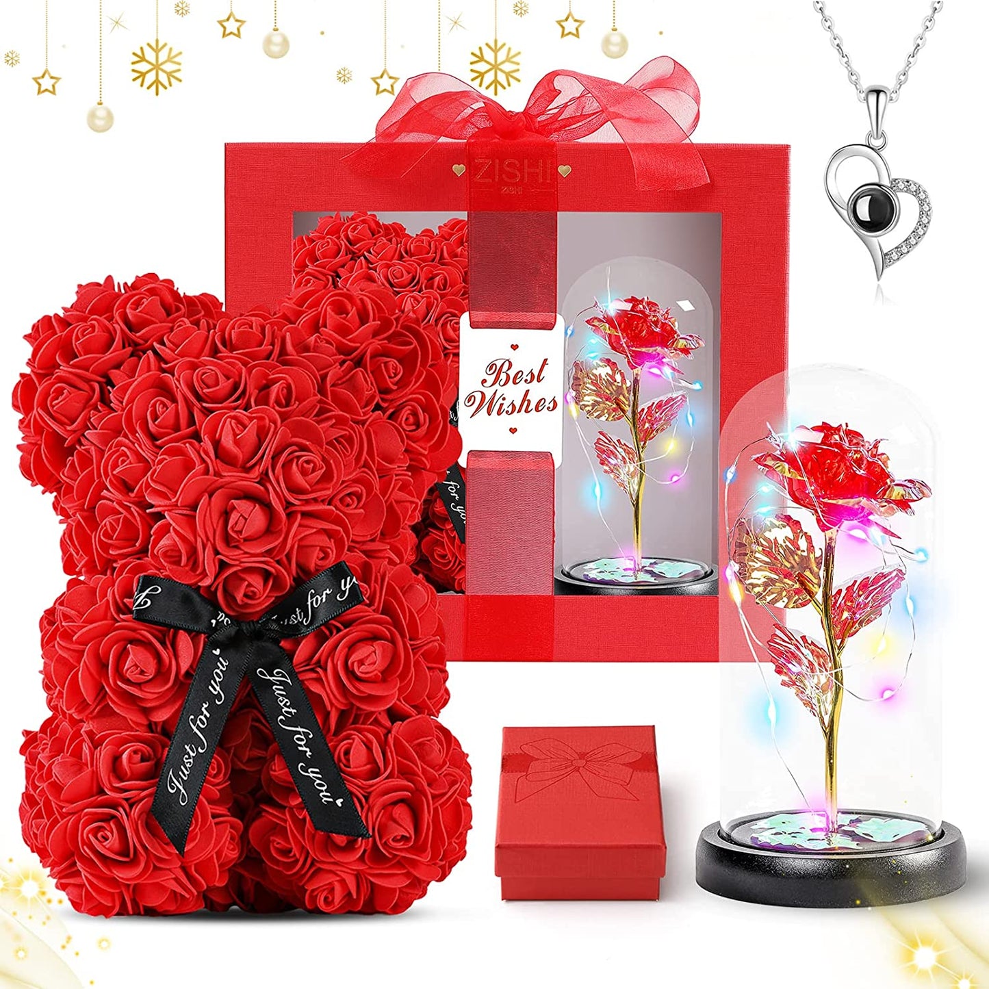 Birthday Rose Gifts for Women- Artificial Flower Rose (Rose Bear+LED Rose lamp+Necklace)