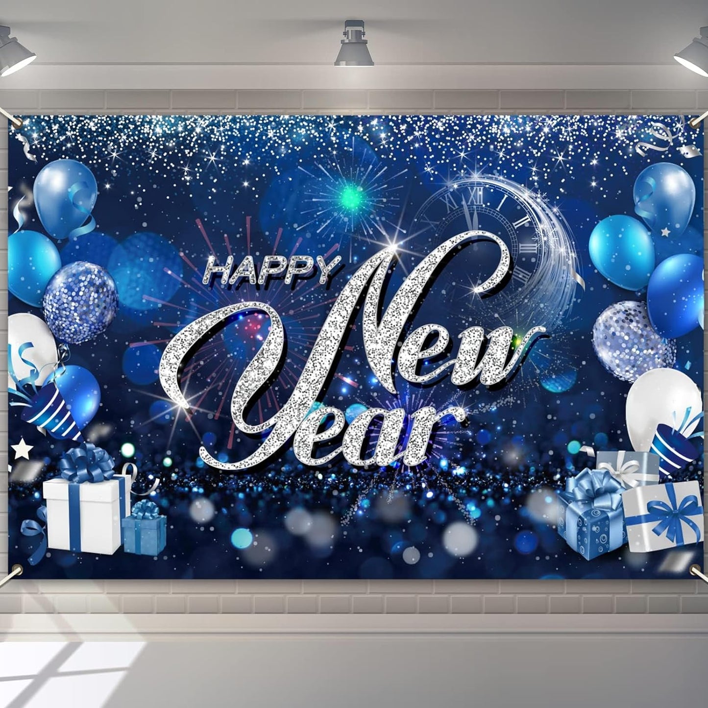 Happy New Years Eve Backdrop Banner New Years Decorations 2024 Glitter Blue Photography Background for New Years Party Decorations Supplies Favors with Clock
