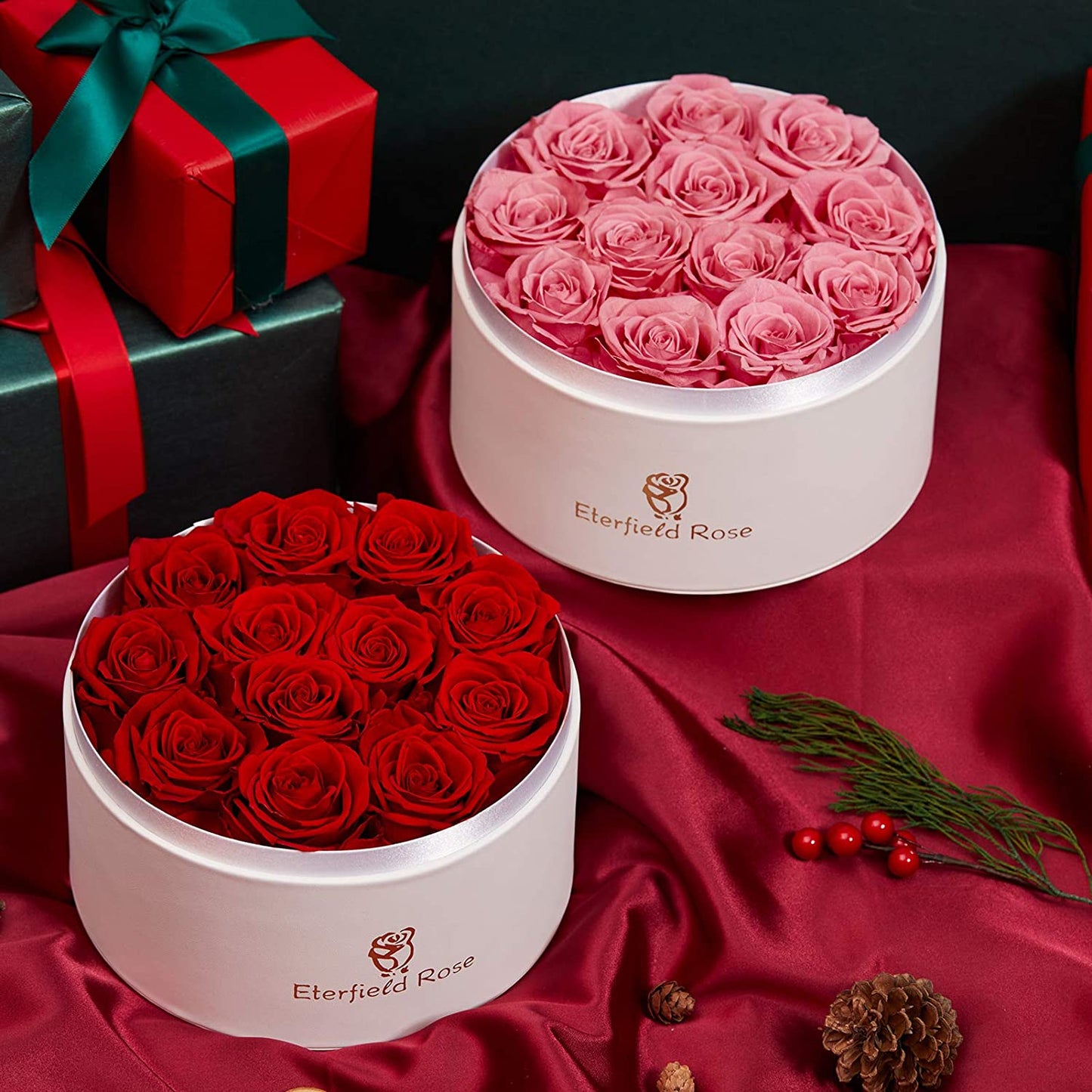 Eternal Rose in a Box Real Rose without Fragrance Gift for Her (12 Red Roses, Round White PU Leather Box)