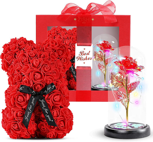 Birthday Rose Gifts for Women- Artificial Flower (Rose Bear+LED Rose lamp)