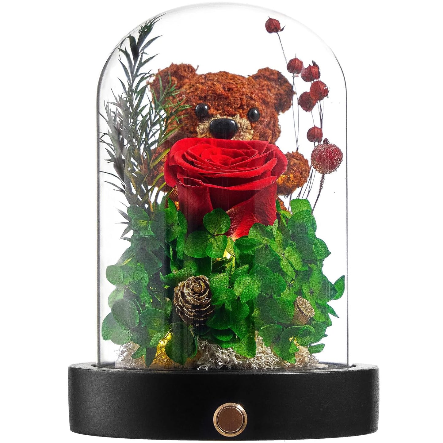 Forever Flowers Gifts for Women Preserved Roses Bear with Mood Light Gifts for Girlfriend Wife Mother Valentines Day Mothers Day Christmas Birthday (Red Rose, Green Hydrangea)