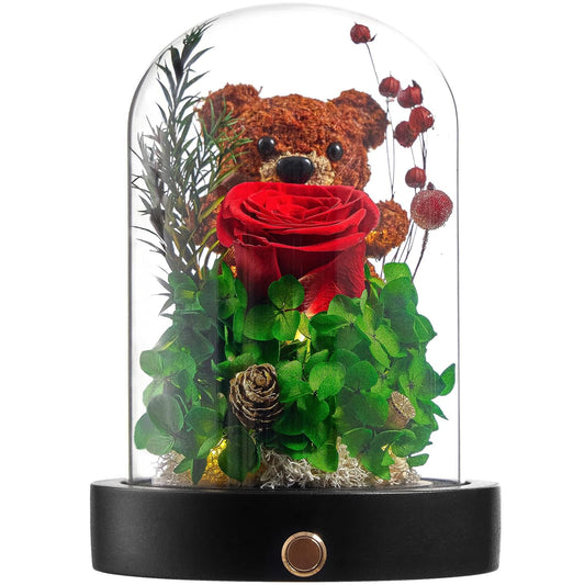 Forever Flowers Gifts for Women Preserved Roses Bear with Mood Light Gifts for Girlfriend Wife Mother Valentines Day Mothers Day Christmas Birthday (Red Rose, Green Hydrangea)
