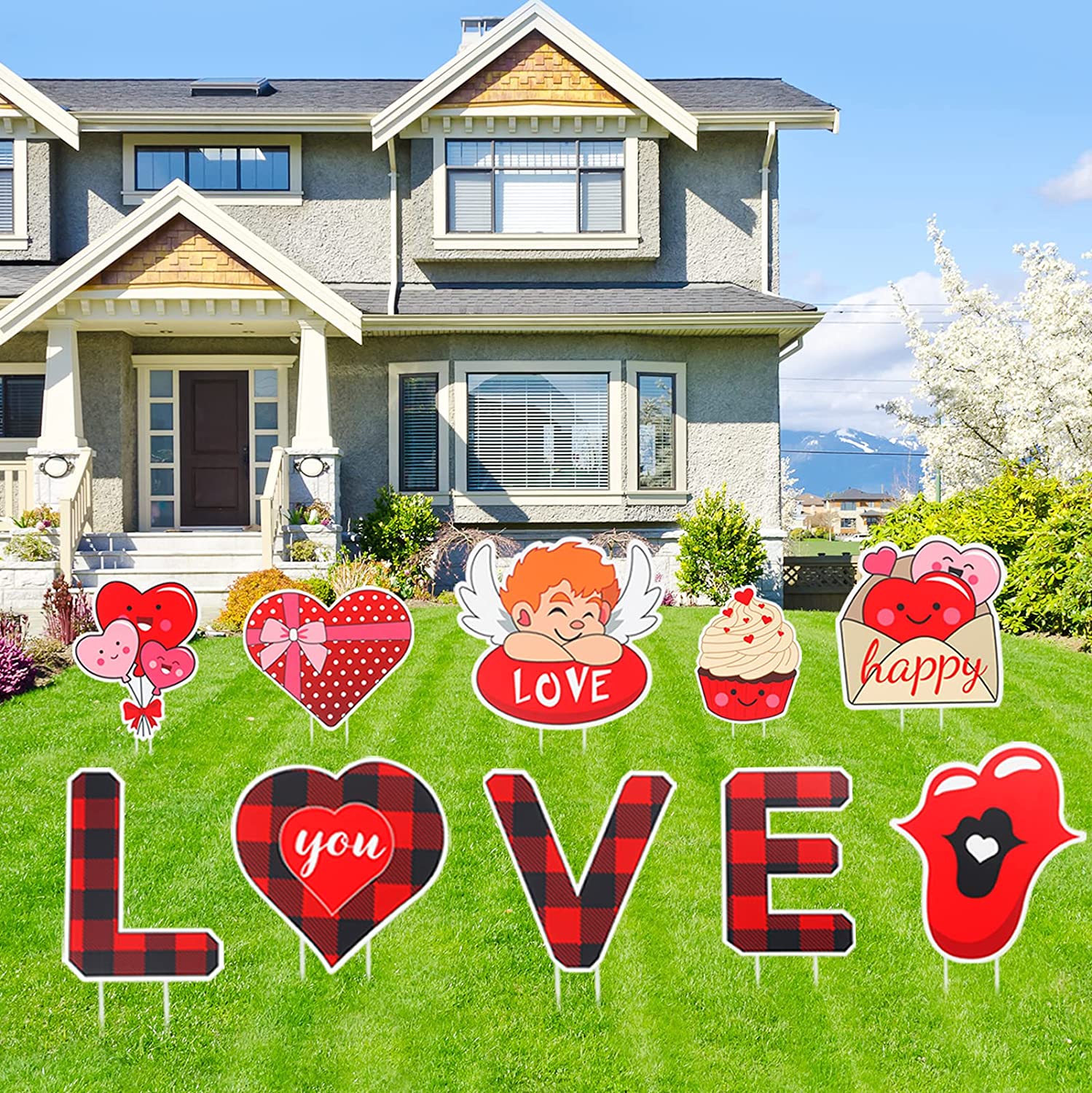 Valentine's Day Decorations Yard Signs with Stakes, (10 Piece Large Set)