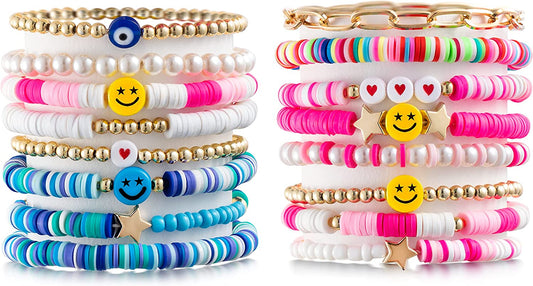 Multi Color Preppy Heishi Bracelets Set Colorful White Gold Smile Heart Star Evil Eye Beaded Bohemian Layering Bracelets Jewelry for Women