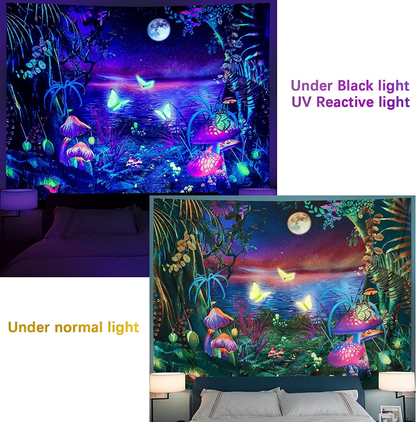 Blacklight Fantasy Forest Tapestry Aesthetic Moon UV Reactive Butterfly -M- 59.1" × 51.2"