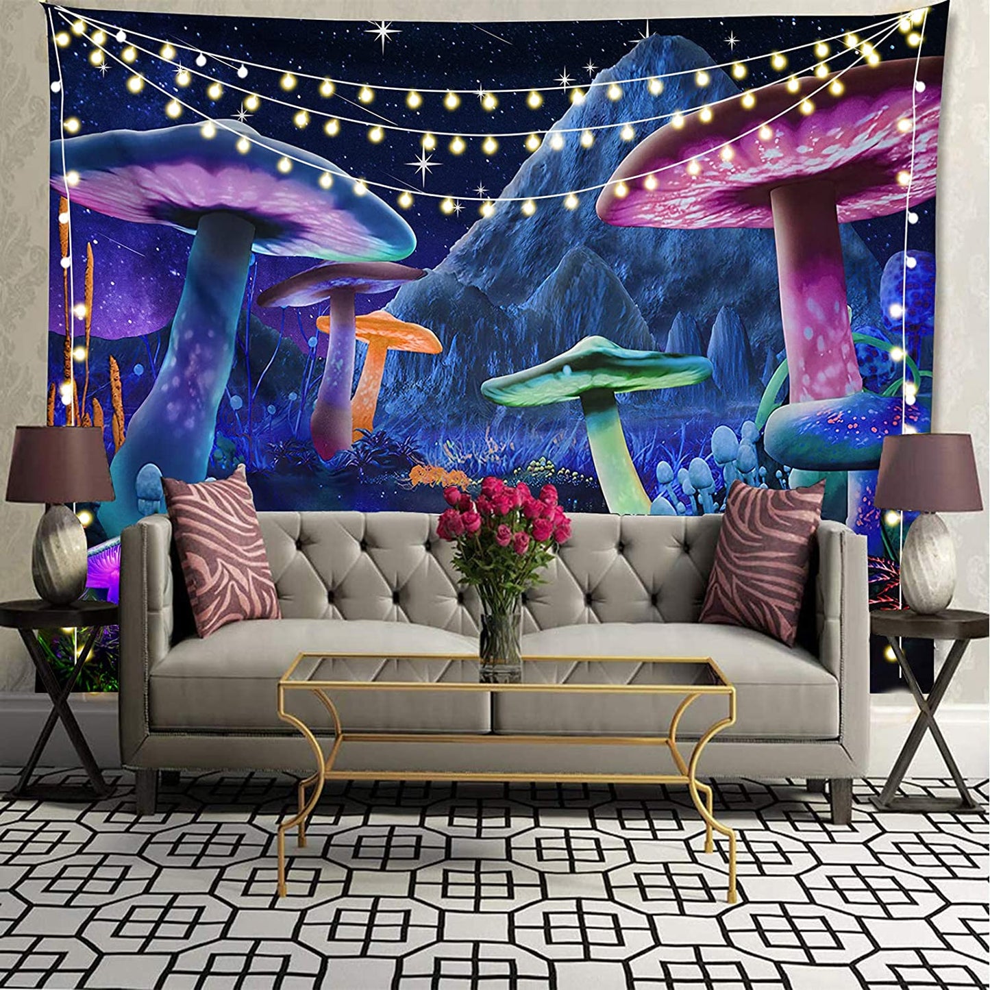 Psychedelic Mushroom Starry Sky Trippy Fantasy Plant Tapestry