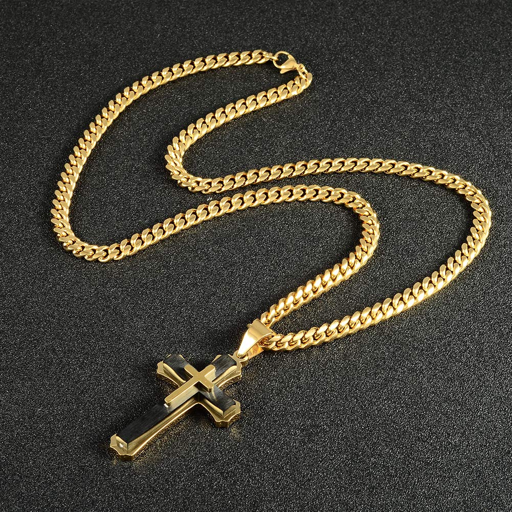 Cross Pendant Necklace Stainless Steel Double Cross Necklace with 24 inches Cuban Link Chain