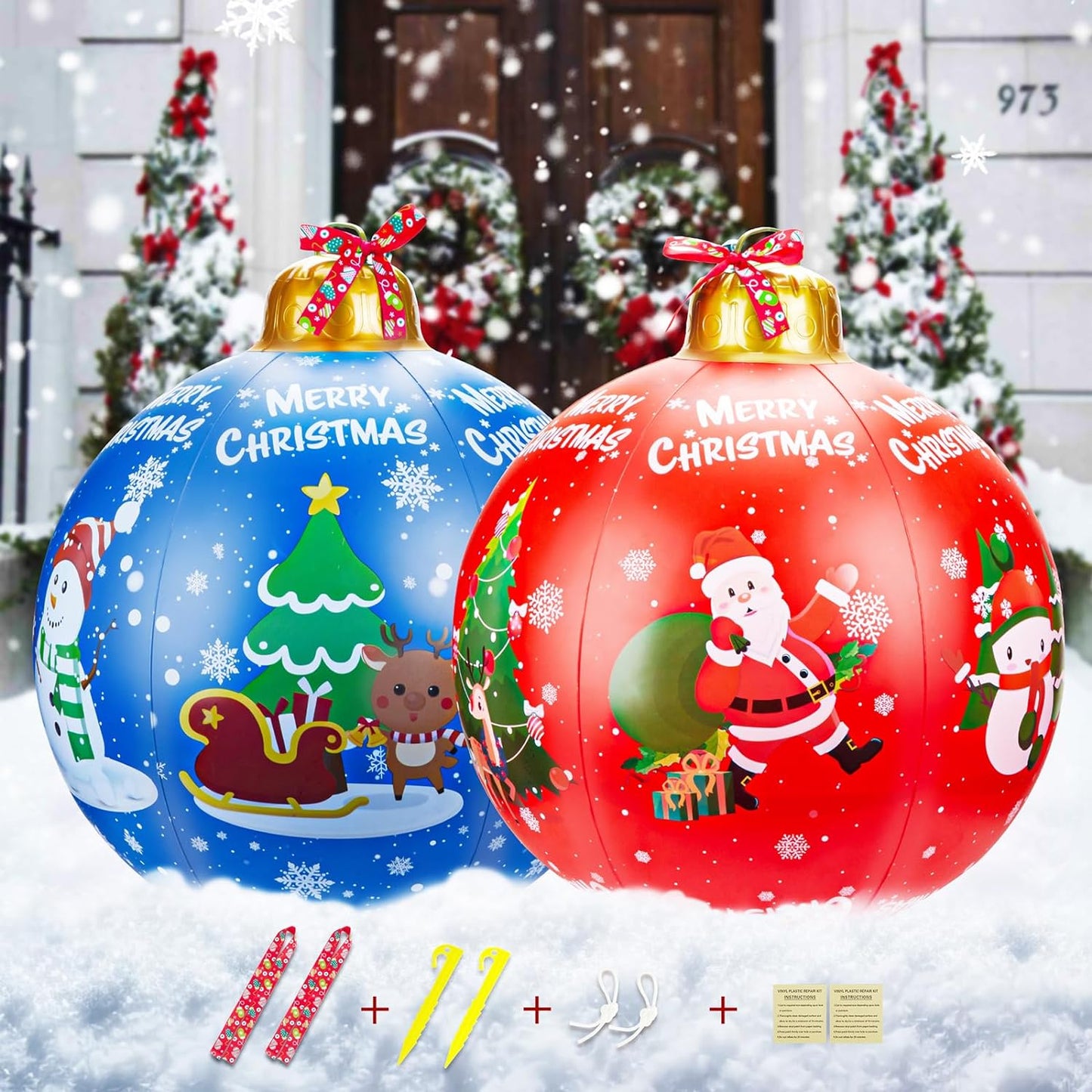 Inflatable Christmas Balls with 2 Christmas Ribbon, 24'' Giant Christmas Inflatable Decorations Ornaments Ball, Christmas Decorations Ball for Outside Indoor Holiday Yard Lawn Decor, Red&Blue