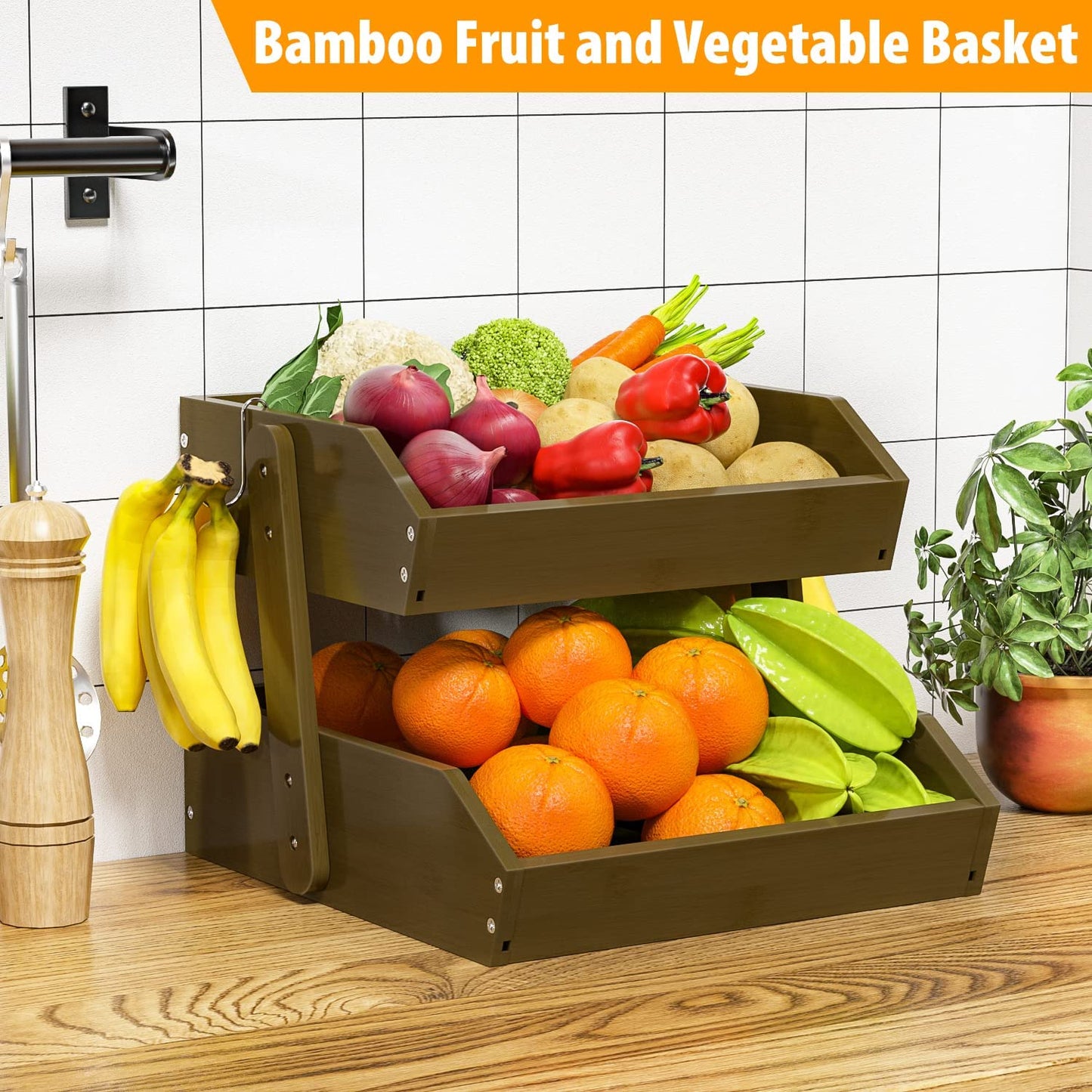 Bamboo Fruit Basket â 2 Tier Fruit Bowl For Kitchen Counter, Large Capacity Fruit Holder w/ 2 Banana Hangers (WALNUT)