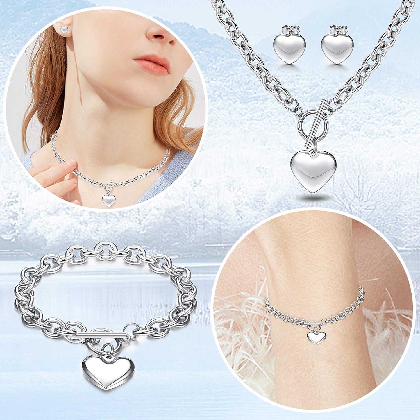 3Sets Heart Pendant Necklace Toggle Chain Bracelet Stud Earrings Stainless Steel, Silver Tone