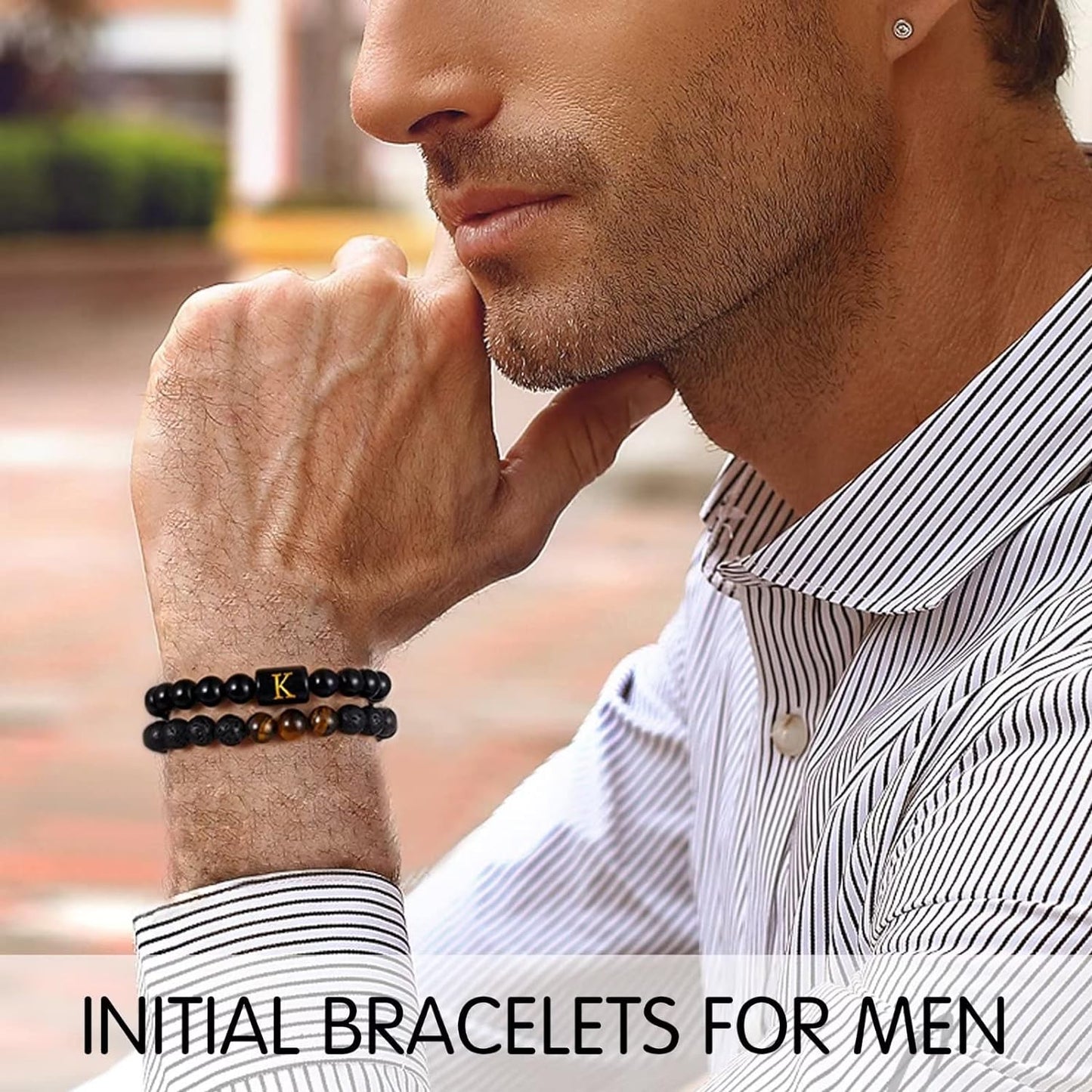 Christmas Gifts for Men Teen Boys - 8mm Tiger Eye Lava Rock Stone Beaded Bracelets for Men Initial Link Handmade Obsidian Mens Bracelet Personalized Birthday Christmas Gift for Husband Dad Boyfriend