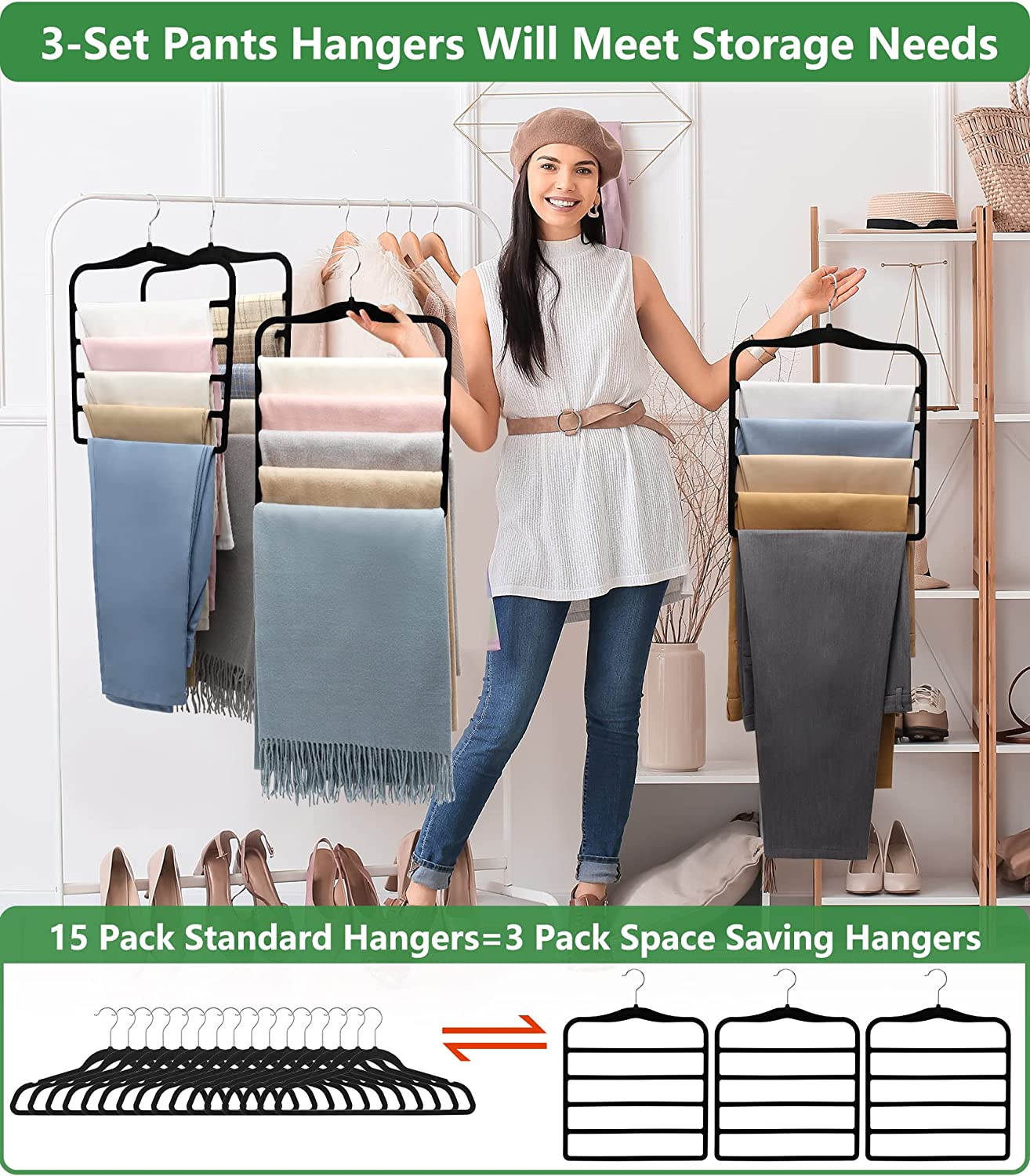 Non Slip 3 Pack Pants-Hangers-Space-Saving,Closet-Organizers-and-Storage