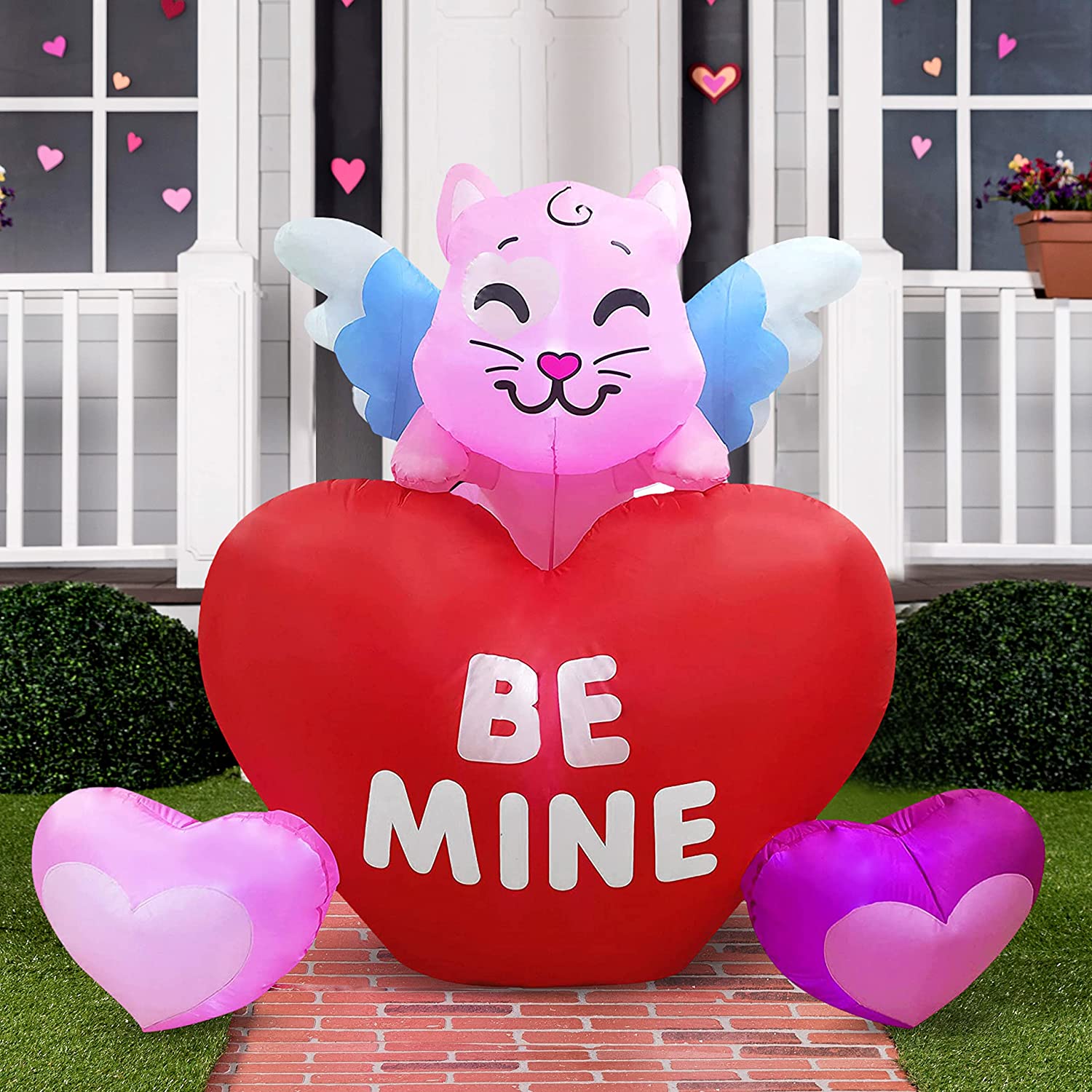 6 FT Long Valentines Day Inflatable Kitty on Hearts, Blow Up Cat with Build-in LED Lights