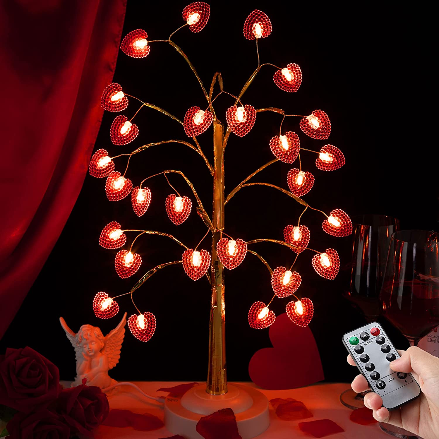 17 Inch Valentines Day Decor Lighted Tree, Tree Lights with 28 LED Heart Lights