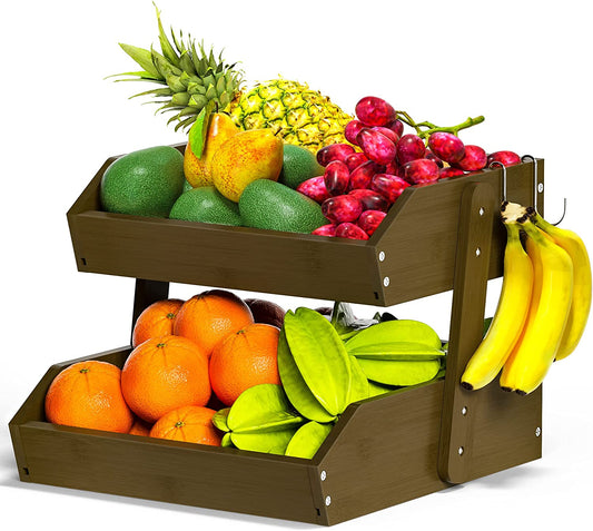 Bamboo Fruit Basket â 2 Tier Fruit Bowl For Kitchen Counter, Large Capacity Fruit Holder w/ 2 Banana Hangers (WALNUT)