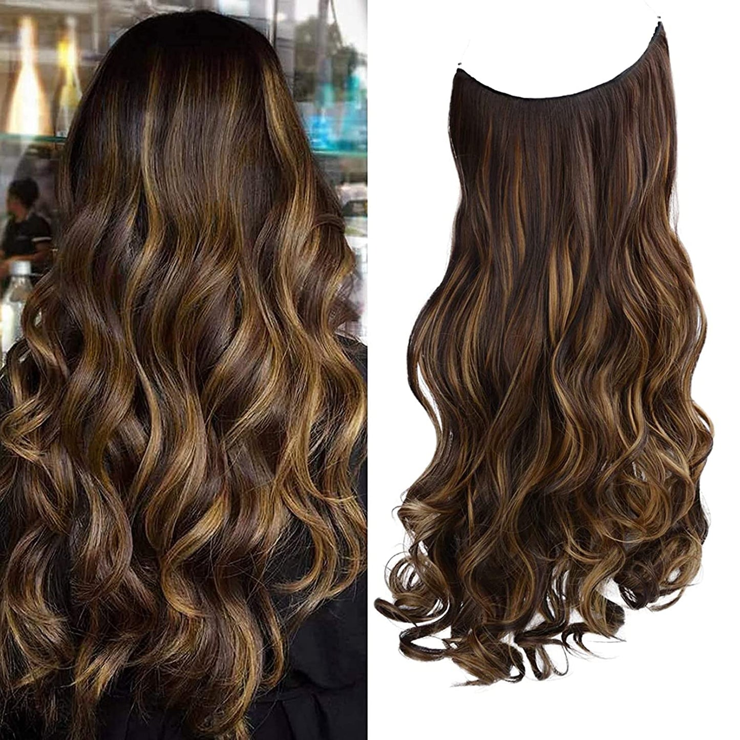 Invisible Wire Hair Extensions 20 Inch - Chestnut Brown with Blonde Hightlights