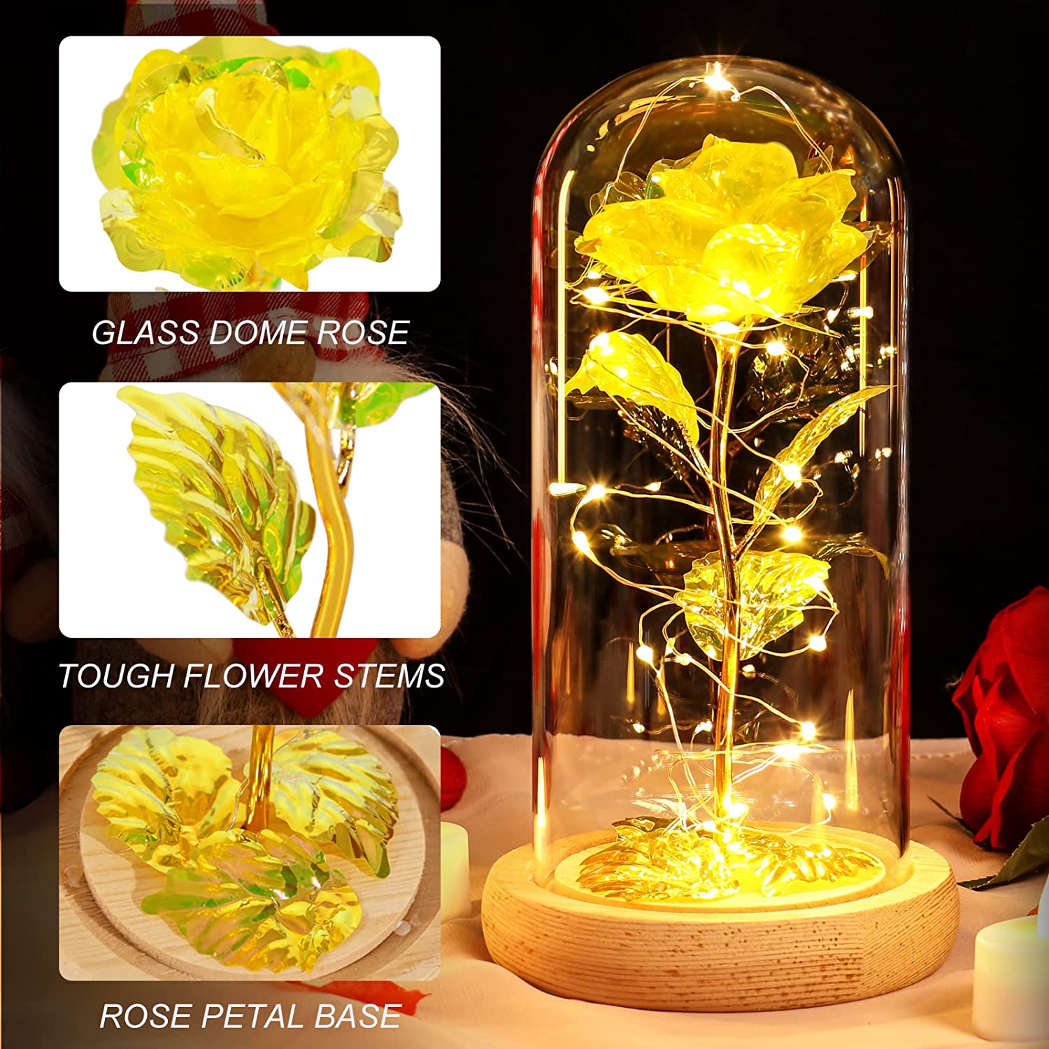 Valentines Day Gifts for Her Galaxy Rose Glass Crystal Flower Gift w/ Light, Gold Yellow