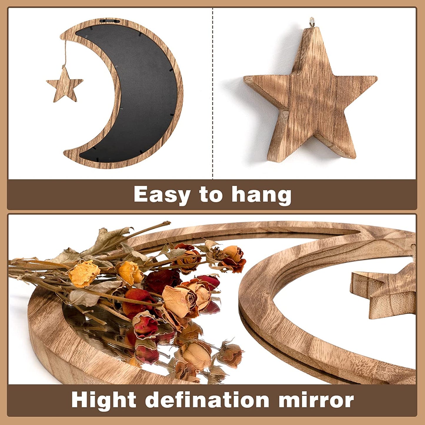 Boho Wall Decor Mirror 12.9 in Rustic Wood Moon Mirror w/ Real Glass, Carbonized Black