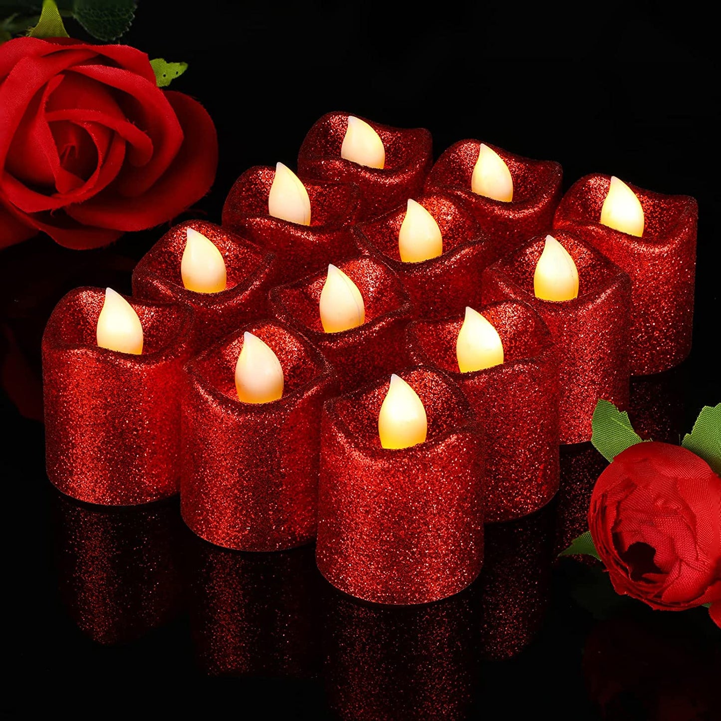 24 Pieces Flameless Votive Candles Valentine's Day Glitter LED Tea Light Battery Operated (Red)