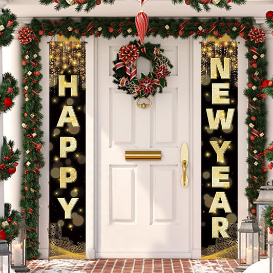 Happy New Year Banner, 72 x 12 Inch Large New Year Front Door Porch Sign Hanging Banner Decorations New Years Eve Party Supplies 2024, Happy New Year Decorations for Outdoor Indoor Home Wall