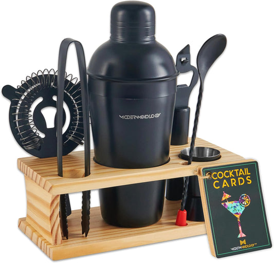 8-Piece Black Matte Cocktail Shaker Set with Pine Wood Stand, Recipe Cards, and Bar Accessories - Christmas Gift Ideas