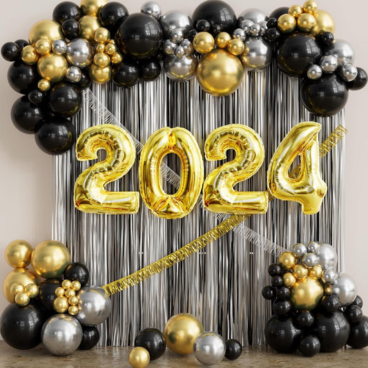 New Years Eve Party Supplies 2024 Black Silver Fringe Curtain Backdrop 2024 Golden Balloons Happy New Year Balloon Garland Arch Kit Happy New Year Decorations