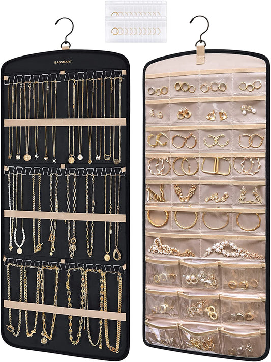 Hanging Jewelry Organizer, Necklace Holder Anti-tangle Earrings Rings Hanger with 20 Jewelry Bags Travel Storage Roll with Pockets-Black