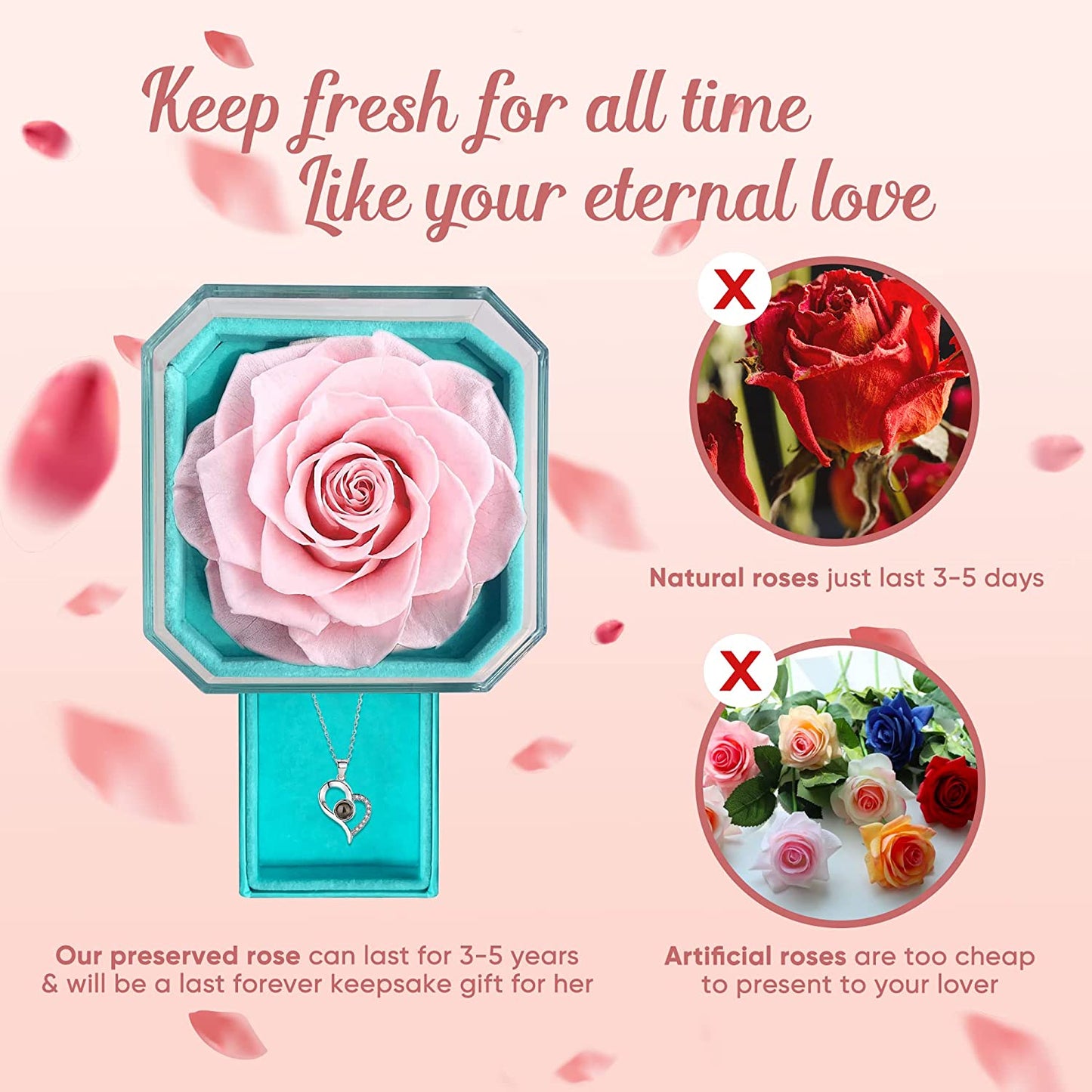 Preserved Rose w/ Necklace I Love You in 100 Languages, Tiffany Rose Box-Love Never Fades