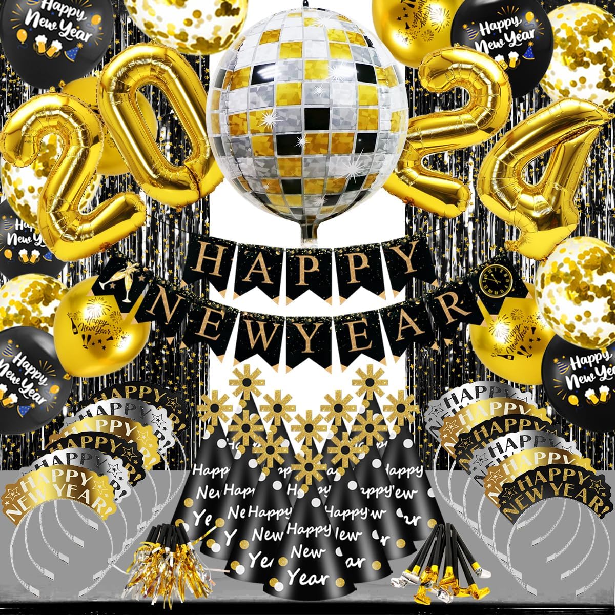 New Years Eve Party Supplies 2024 - Happy New Year Decorations Kit, Banner Cone Hats Tiaras 32'' Number Balloons Black Stars Foil Fringe Curtain Disco Ball Balloons Squawkers Blowouts