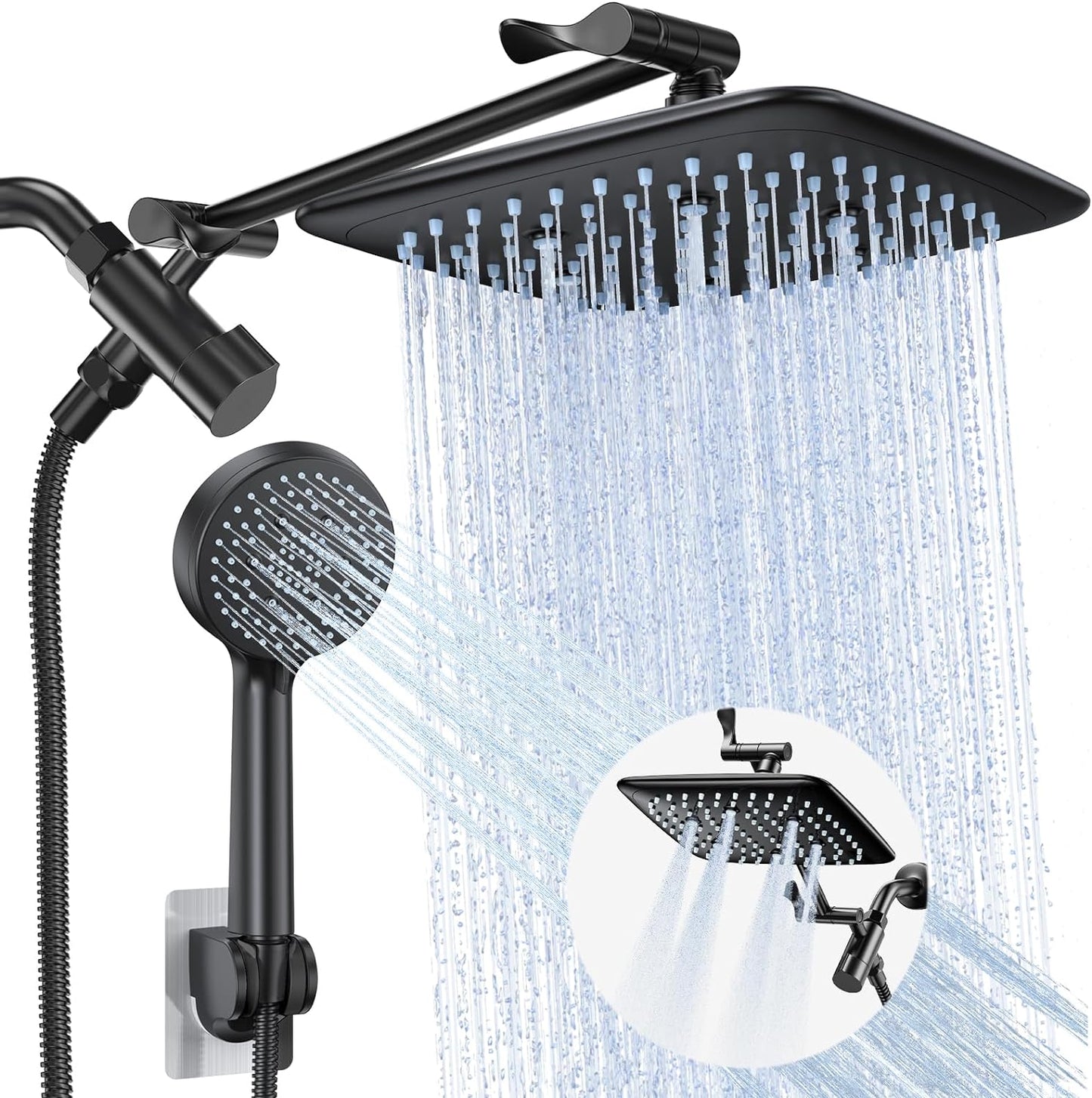 High Pressure Rain Shower Head with Handheld Sparay Combo - Easy to Install Wide Rainfall Showerhead with 23 Water Spray Modes Black Shower Heads– Adjustable Dual Showerhead with Extension Arm