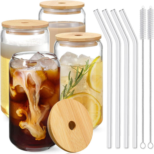Drinking Glasses with Bamboo Lids and Glass Straw 4pcs Set - 16oz