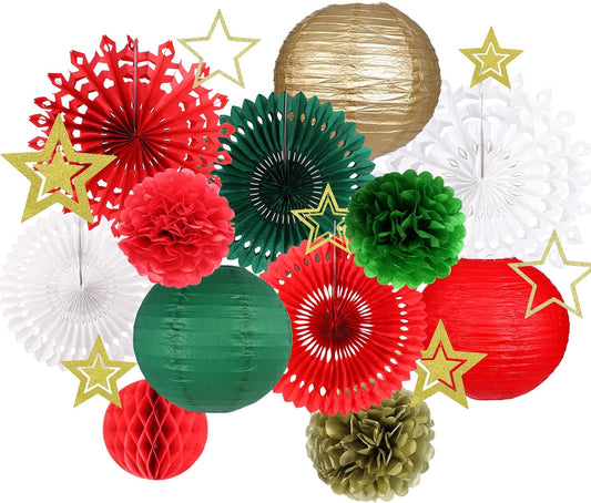 Christmas Party Decorations, Christmas Paper Lanterns Gold Star Pendant Hanging Snowflakes Paper Fan Pom Poms Flowers Honeycomb Ball