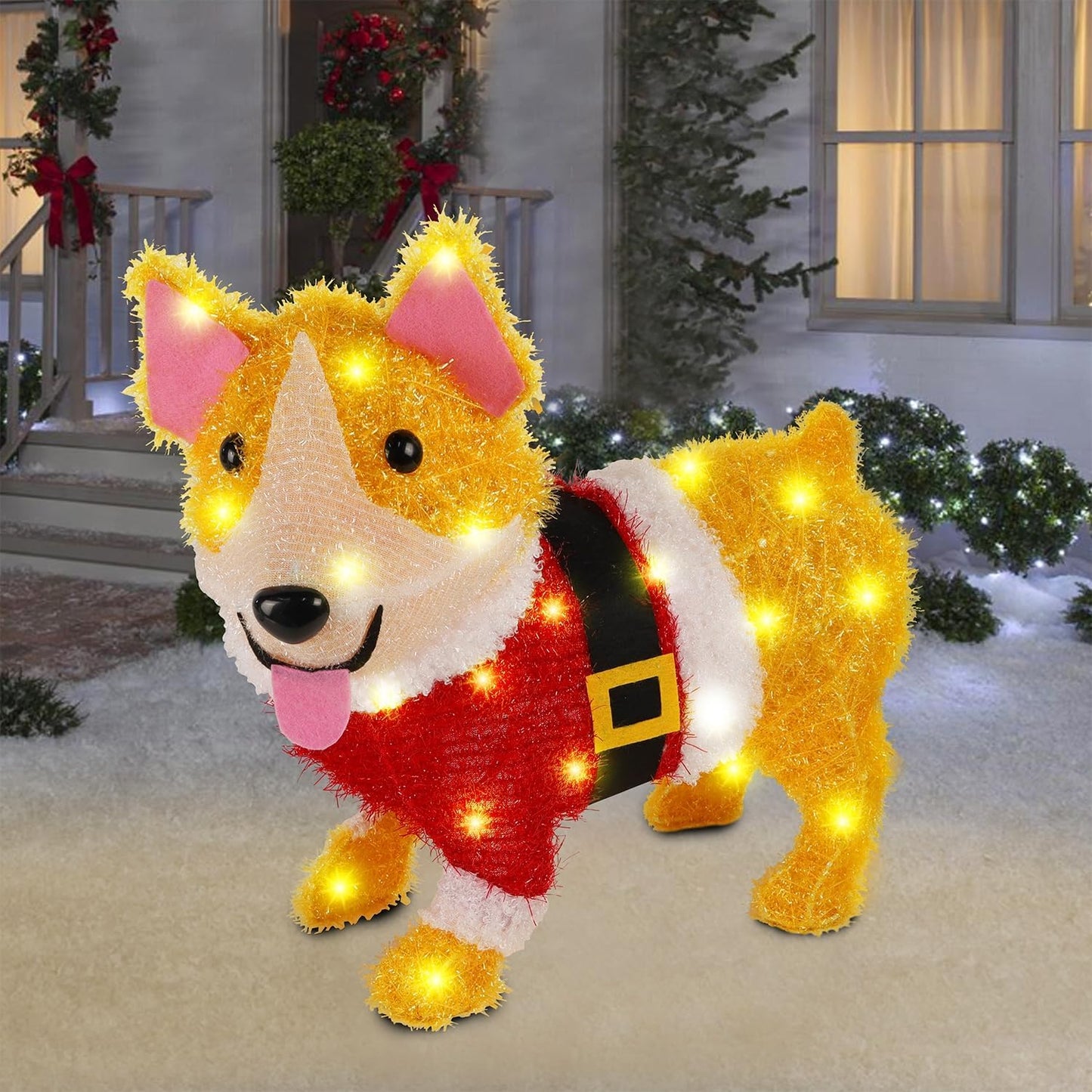 Christmas Outdoor Decoration Lighted Dog, 17 Inch Height Pre-Lit 3D Tinsel Cute Puppy   Holiday Decor with Clear Lights, Light Up & Plug