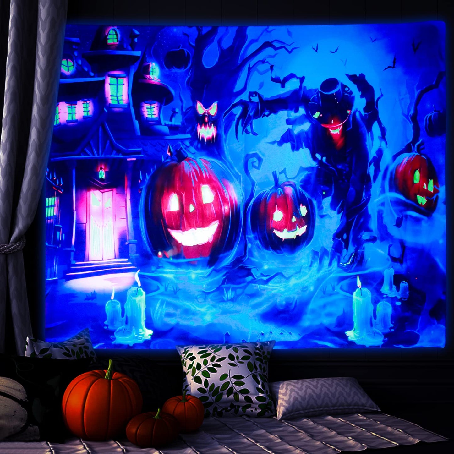 Halloween Blacklight Wall Tapestry Haunted Woods with Grave and Pumpkins, UV Reactive Wall Blanket