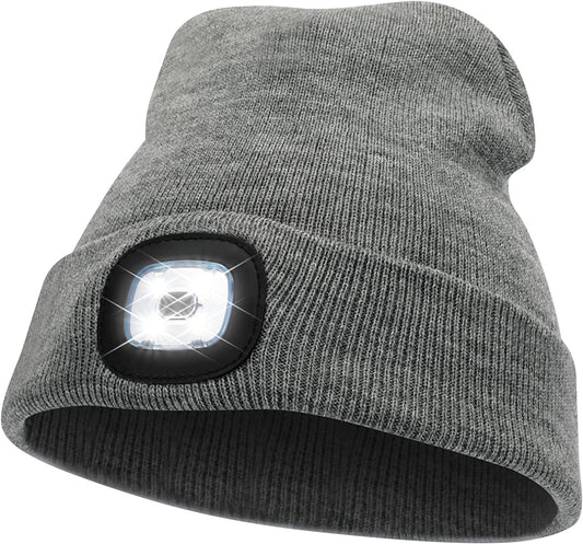 LED Beanie Hat w/ Light, Unisex USB Rechargeable Winter Knit Lighted Headlight (Grey)