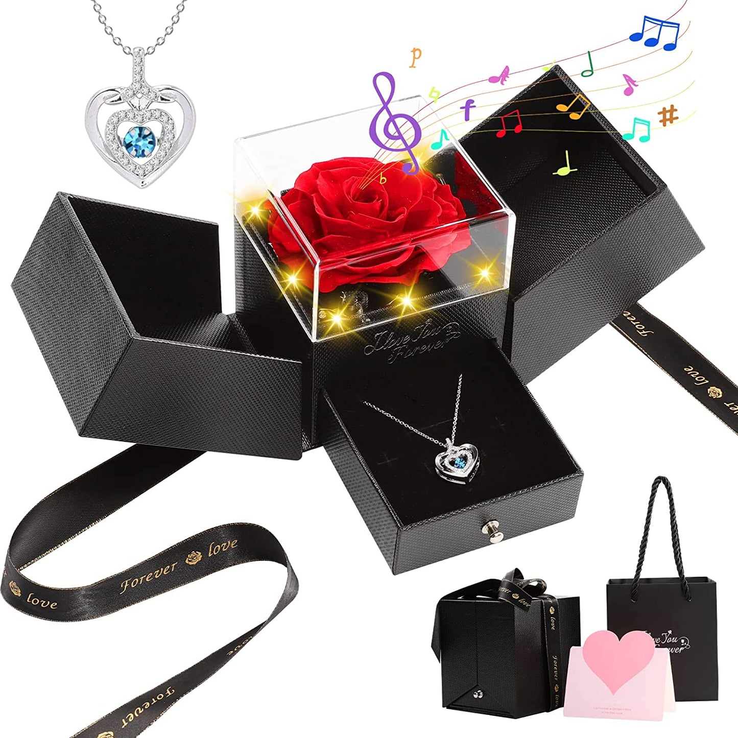 Eternal Flowers Rose Gifts Preserved Rose Box with Necklace LED Lights & Music