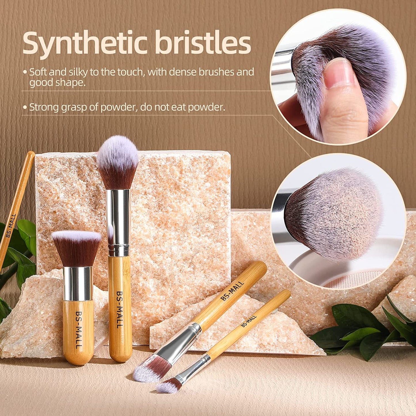 Makeup Brush Set 11Pcs Bamboo Synthetic Kabuki Brush Foundation Powder Blending Concealer Eye shadows Blush Cosmetics Brushes with Organizer Bag & Makeup Sponge