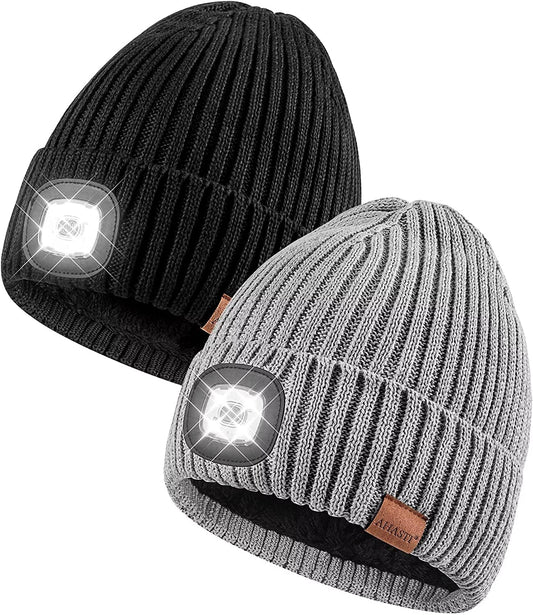 Beanie w/ Light for Men 2 Pack, Rechargeable Winter Headlamp, Black & Light Gray