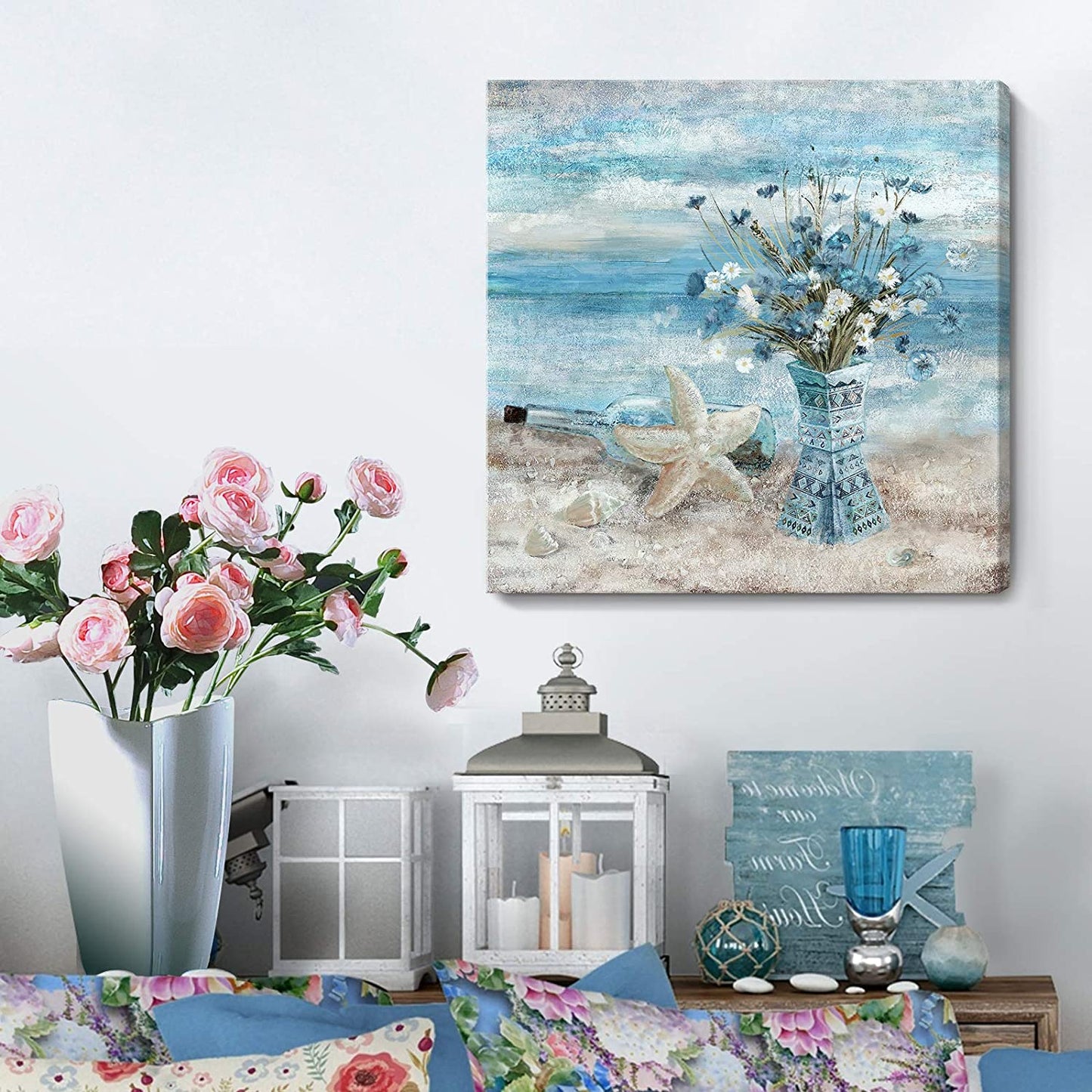 Wall Art Blue Beach Picture Ocean Theme Flower Canvas Print Modern Coastal Seascape Painting Framed 14x14inch