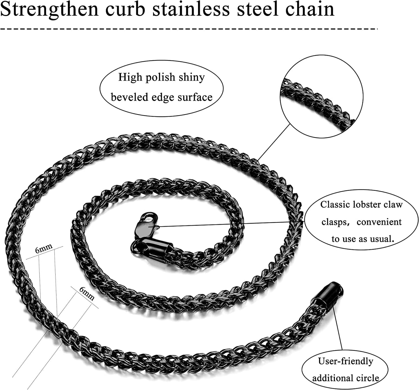 Stainless Steel Wheat Chain for Men Necklace Bracelet Set 5mm in W, 22" 8.5", Black-tone