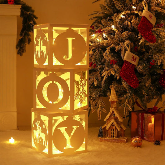 Light Up Christmas Decorations Indoor - 3pcs White Hollow-Out Paper Joy Boxes with Warm Light String, Holiday Fireplace