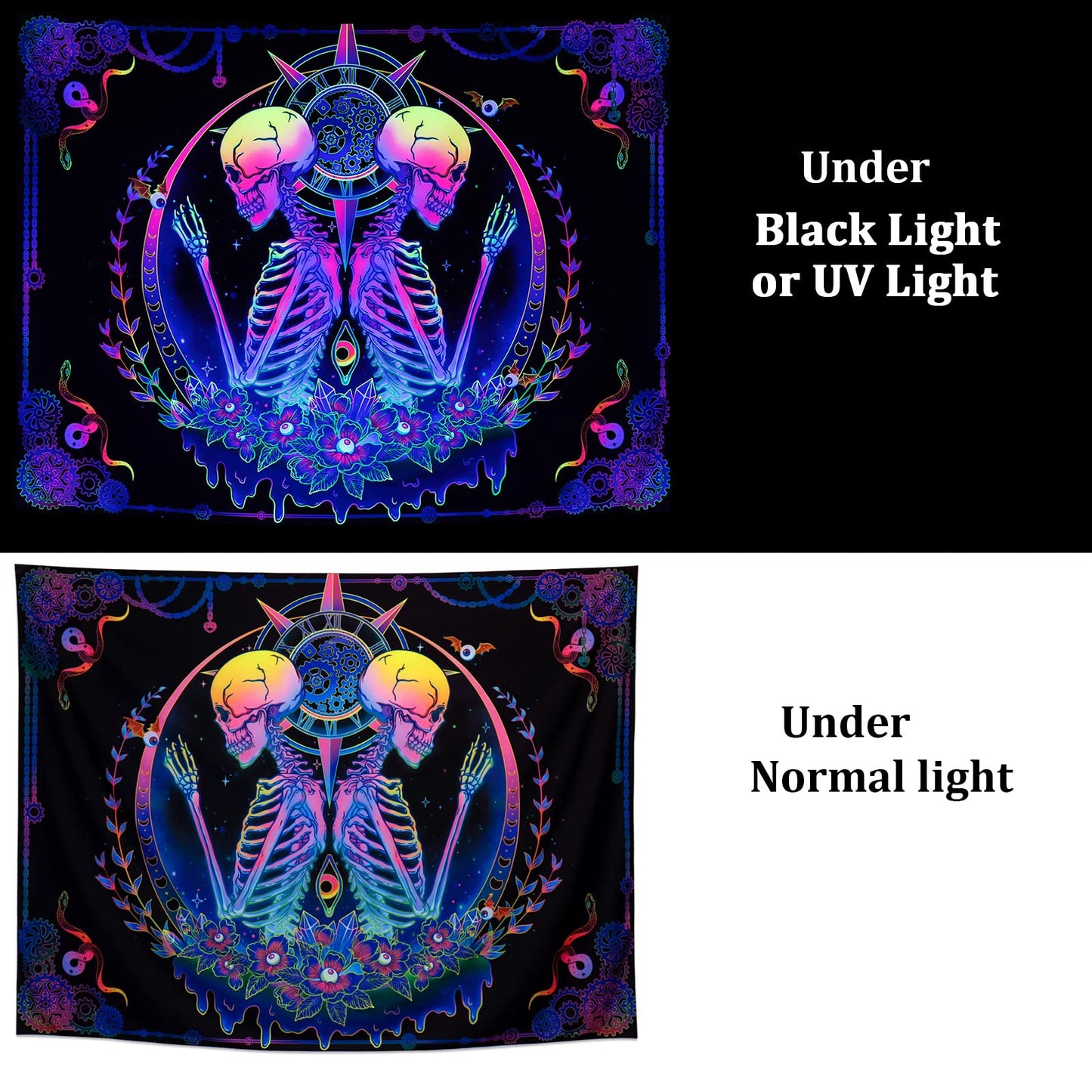 Blacklight Tapestry UV Reactive Skelton Wall Psychedelic Celestial Colorful Flower